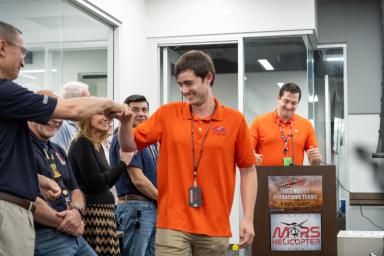 Ingenuity team lead Josh Anderson celebrates with Perseverance rover deputy project manager Steve Lee during the final shift for engineers working on NASA's Ingenuity Mars Helicopter at the agency's Jet Propulsion Laboratory on April 16, 2024.