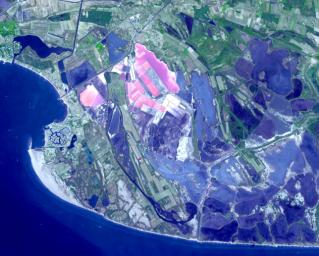 NASA's Terra spacecraft shows Salin-de-Giraud, a major center of salt production on the right bank of the Rhone River in southern France.