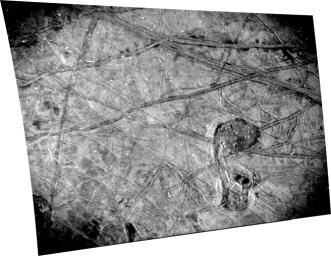 This black-and-white image of Europa's surface was taken by the Stellar Reference Unit (SRU) aboard NASA's Juno spacecraft during the Sept. 29, 2022, flyby. The chaos feature nicknamed the Platypus is seen in the lower right corner.
