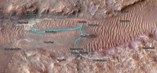 This map shows Perseverance's path between Jan. 21 and June 11, 2024. White dots indicate where the rover stopped after completing a traverse beside Neretva Vallis river channel. The pale blue line indicates the rover's route inside the channel.