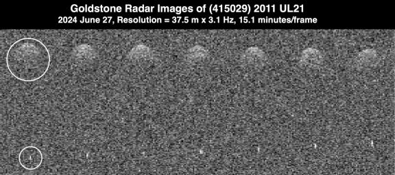 These seven radar observations by the Deep Space Network's Goldstone Solar System Radar shows the mile-wide asteroid 2011 UL21 during its June 27 close approach with Earth from about 4 million miles away.