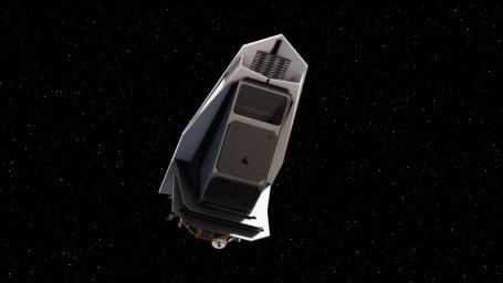 This artist's concept depicts NASA's NEO Surveyor in deep space. The black-paneled angular structure in the belly of the spacecraft is the instrument enclosure that is being built at JPL.