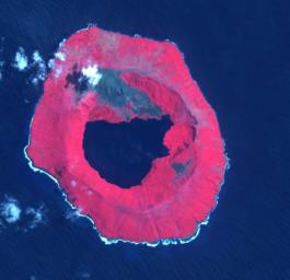 NASA's Terra spacecraft shows Tofua Island, in the central part of the Tonga Islands group, the summit of a large stratovolcano that contains a 5-km-wide caldera.