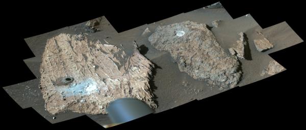Cheyava Falls (left) shows the dark hole where NASA's Perseverance took a core sample. A rock nicknamed Steamboat Mountain (right) also shows an abrasion patch. This image was taken by Mastcam-Z on July 23, 2024.