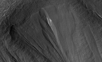 The white material seen within this gully is believed to be dusty water ice in a Martian region called Dao Vallis, captured by NASA's Mars Reconnaissance Orbiter (MRO).