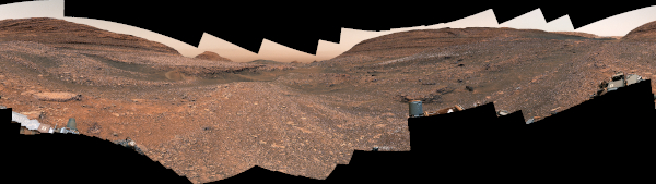 NASA's Curiosity Mars rover used its Mast Camera, or Mastcam, to capture this panorama within Gediz Vallis channel on Sept. 21 and 22, 2024.