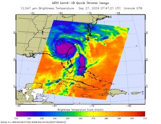 NASA's Atmospheric Infrared Sounder (AIRS) captured an infrared image of Hurricane Helene on Friday, Sept. 27, 2024, at 3:47 a.m. local time, nearly five hours after it made landfall on the Florida coast.