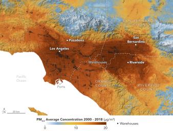 A data visualization shows the average concentration of PM2.5 particulate pollution in the Los Angeles region from 2000 to 2018, along with the locations of nearly 11,000 warehouses.