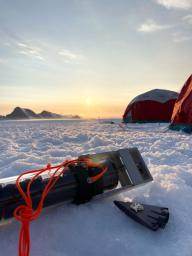 A model of the final envisioned SWIM robot, right, sits beside a capsule holding an ocean-composition sensor. The sensor was tested on an Alaskan glacier in July 2023.