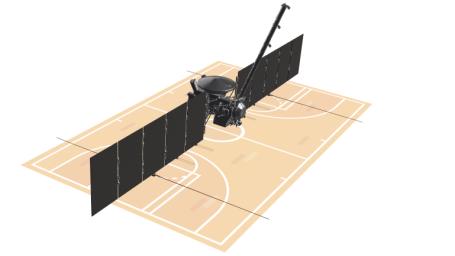 With its solar arrays and antennas fully extended, the Europa Clipper spacecraft stretches out larger than a basketball court.