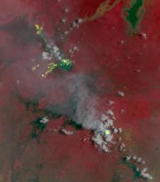 NASA's Terra spacecraft shows Nyamulagira volcano, in the Democratic Republic of Congo, continuing eruptive activity since July 2024.