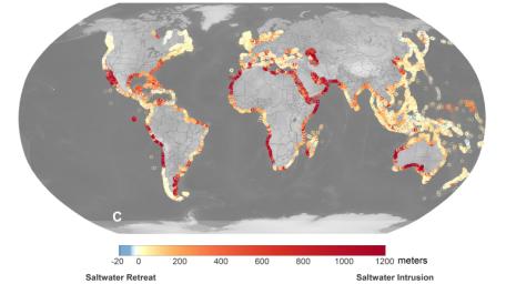 Saltwater intrusion will affect groundwater in about three of every four coastal aquifers around the world by the year 2100, a NASA-DOD study estimates.