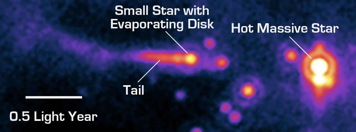 A red-orange streak sits in the middle of the image, pointing towards a circular red-orange blob on the right side of the image. The background is black with purple coming off the red-orange objects. There are smaller circular red-orange blobs between the streak and the larger blob. The streak is the small star with an evaporating disk and the larger blob is a massive star.