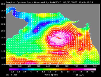 Click here for larger version of PIA09600 Tropical Cyclone Gonu Observed by QuikSCAT on June 3