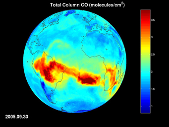  Click here for movie of PIA09936 AIRS Map of Carbon Monoxide Draped on Globe