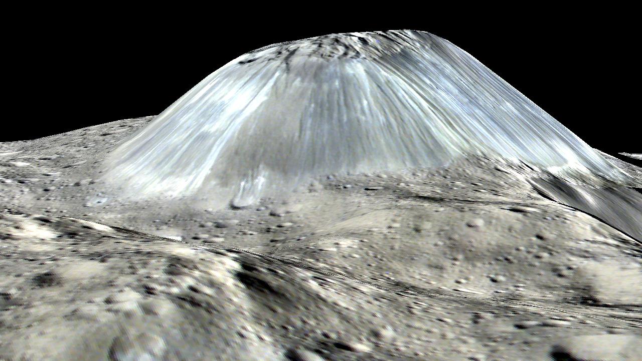 Simulazione 3D della superficie di Cerere che mostra il criovulcano solitario denominato Ahuna Mons. Credits: NASA/JPL&#8211;Caltech/UCLA/MPS/DLR/IDA.