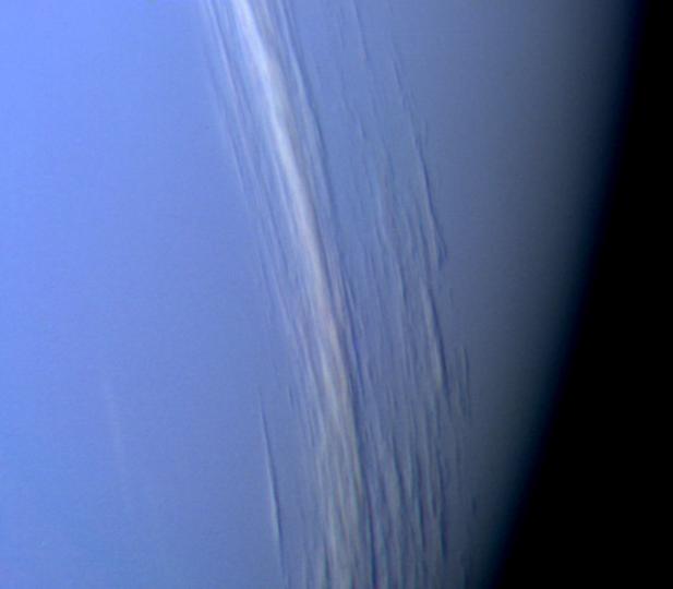Photo 2 hours before close encounter shows vertical relief in Neptune's cloudsVoyager 2 photo PIA00058 (25 August 1989)Source: NASA/JPL PIA00058_modest.jpg