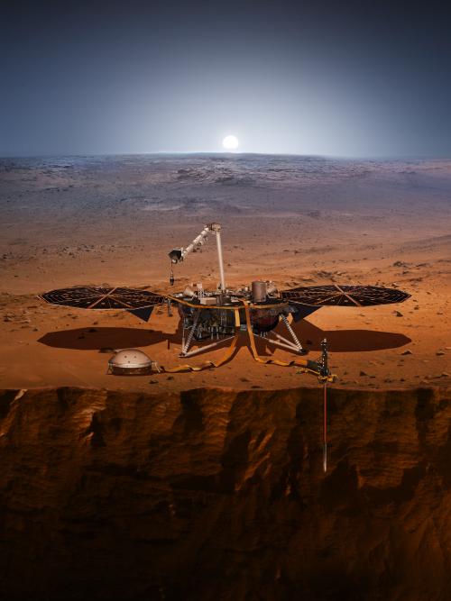 Vue d'artiste représentant la sonde InSight posée sur Mars