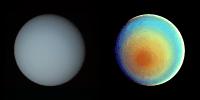These two images of Uranus, one in true color and the other in false color, were compiled from images returned in 1986, by the narrow-angle camera of NASA's Voyager 2.