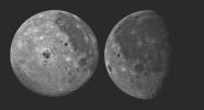 These pictures of the Moon were taken by NASA's Galileo spacecraft at (right photo) Dec.8, 1990 from a distance of almost 220,000 miles, and at (left photo) Dec. 9, 1990 at a range of more than 350,000 miles.