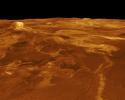 A portion of western Eistla Regio is displayed in this three-dimensional perspective view from NASA's Magellan spacecraft of the surface of Venus.
