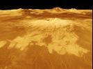 Sapas Mons is displayed in the center of this computer-generated three-dimensional perspective view from NASA's Magellan spacecraft of the surface of Venus. 