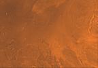 Mars digital-image mosaic merged with color of the MC-8 quadrangle, Amazonis region of Mars. This image is from NASA's Viking Orbiter 1.