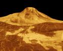 Maat Mons is displayed in this 3-dimensional perspective view of the surface of Venus taken by NASA Magellan. The viewpoint is located north of Maat Mons.