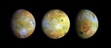 Three full-disk color views of Jupiter's volcanic moon Io as seen by NASA's Galileo spacecraft are shown in enhanced color to highlight details of the surface.