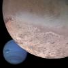 This computer generated montage created from images obtained by NASA's Voyager 2 shows Neptune as it would appear from a spacecraft approaching Triton, Neptune's largest moon at 2706 km (1683 mi) in diameter.