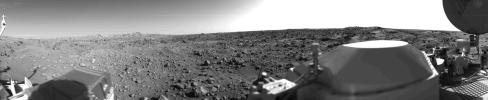 First panoramic view by NASA's Viking 1 from the surface of Mars taken in 1976. Toward the right edge is an array of smooth fine-grained material which shows some hint of ripple structure and may be the beginning of a large dune field.