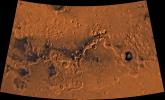 Ismenius Lacus region of Mars containing the impact crater Moreux. This scene shows heavily cratered highlands in the south on relatively smooth lowland plains in the north separated by a belt of dissected terrain, as seen by NASA's Viking spacecraft.