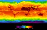 This image shows average temperatures in April, 2003, observed by AIRS at an infrared wavelength that senses either the Earth's surface or any intervening cloud.