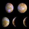Five color views of Jupiter's moon Io, as seen by NASA's Galileo spacecraft camera, were taken between the 25th and the 29th of June, 1996.