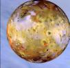 Io, the most volcanic body in the solar system, is seen in front of Jupiter's cloudy atmosphere in this image taken Sept. 7, 1996, by NASA's Galileo spacecraft, now orbiting the giant planet.