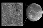 A mosaic of four NASA's Galileo spacecraft's high-resolution images of the Uruk Sulcus region of Jupiter's moon Ganymede (Latitude 11 N, Longitude: 170 W) is shown within the context of an image of the region taken by Voyager 2 in 1979.