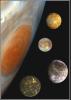 This 'family portrait,' a composite of the Jovian system, includes the edge of Jupiter with its Great Red Spot, and Jupiter's four largest moons, known as the Galilean satellites. From top to bottom, the moons shown are Io, Europa, Ganymede and Callisto.