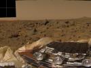 This picture from NASA's Mars Pathfinder was taken in the martian morning, after the spacecraft landed on Mars July 4, 1997. The Sojourner rover is perched on one of three solar panels.