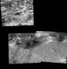 NASA's Mars rover Sojourner is seen here using its Alpha Proton X-Ray Spectrometer (APXS) instrument in a study of the Martian soil. The upper image is of rocky terrain and a portion of Sojourner's antenna.