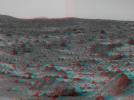 An area of rough Martian terrain is prominent in this stereo image, taken by NASA's Mars Pathfinder on Sol 3, 1997. 3D glasses are necessary to identify surface detail. The large rock dubbed 'Wedge' is at lower right.