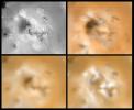 Four views of an unnamed volcanic center (latitude 11, longitude 337) on Jupiter's moon Io showing changes seen on
June 27th, 1996 by NASA's Galileo spacecraft as compared to views seen by the Voyager spacecraft during the 1979 flybys.