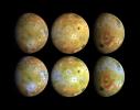 Three views of the full disk of Jupiter's volcanic moon, Io, each shown in natural and enhanced color. These three views, taken NASA's Galileo in late June 1996, show about 75 percent of Io's surface.