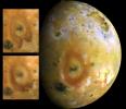 Jupiter's moon Io with Pele prominently in view. The inset images are from NASA's Voyager 1. The Galileo image was
obtained by the imaging system on board the spacecraft in June, 1996.