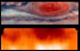 This image, bottom panel, from NASA's Galileo orbiter indicates the forces powering Jovian winds, and differentiates between areas of strongest upwelling and downwelling winds in the upper part of the atmosphere where winds are strong.