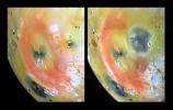 These images of Jupiter's volcanic moon, Io, show the results of a dramatic event that occurred on the fiery satellite during a five-month period (April 4-Sept 19, 1997.