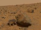 This 1997 image from NASA's Mars Pathfinder shows a close up of Sojourner as it placed its Alpha Proton X-Ray Spectrometer (APXS) upon the surface of the rock 'Yogi.' 