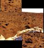 Looking east from the lander, the last few bounce marks as Pathfinder rolled to a stop on July 4 are visible in the soil in this image, taken by NASA's Imager for Mars Pathfinder (IMP). Sol 1 began on July 4, 1997.