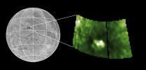 The left image is an airbrush map of the surface of Ganymede from NASA's Voyager data. The small square shows the location of Antum crater, target of the image from NASA's Galileo spacecraft on the right.