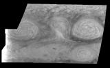 These images, taken on February 19, 1997 by NASA's Galileo orbiter, show two of the three long-lived White Ovals that formed to the south of the Jupiter's Great Red Spot.