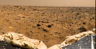 This is a sub-section of the 'geometrically improved, color enhanced' version of the 360-degree panorama heretofore known as the 'Gallery Pan,' taken by NASA's Imager for Mars Pathfinder over the course of Sols 8, 9, and 10. Sol 1 began on July 4, 1997.